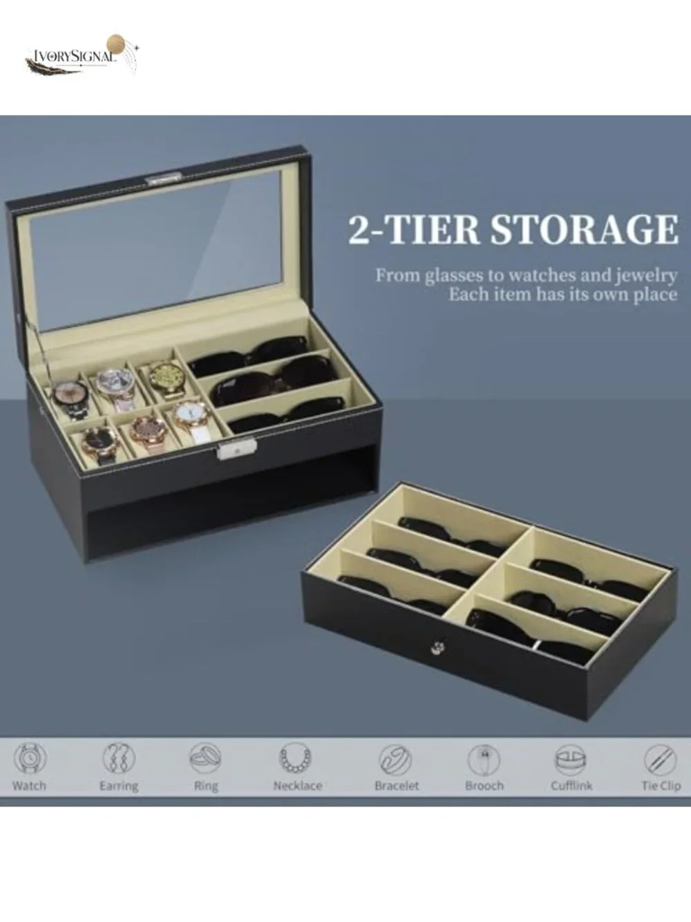 Lockable PU Leather Watch and Sunglasses Storage Case with Glass Top